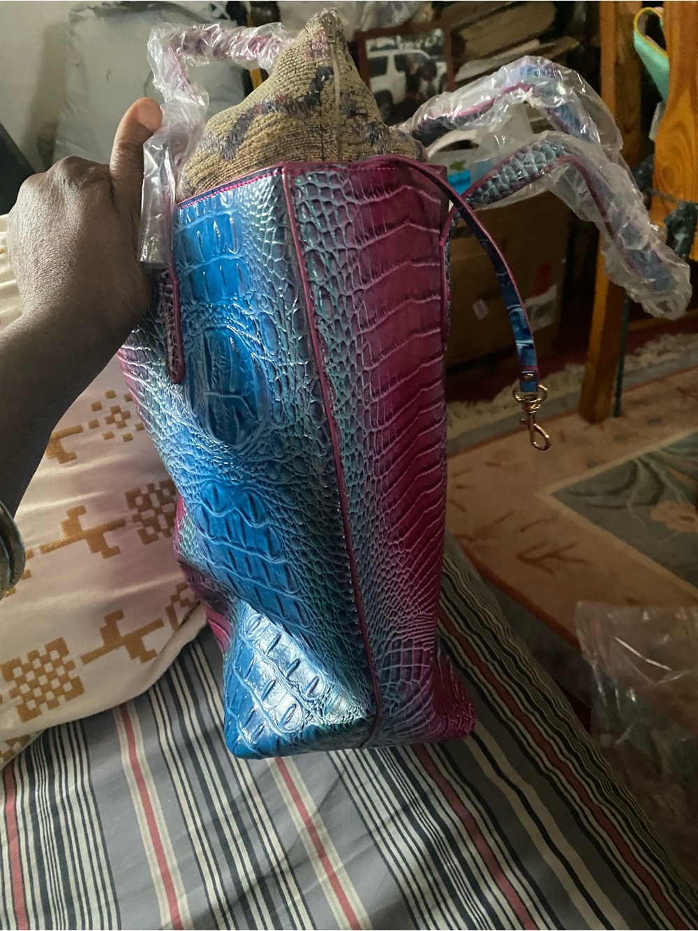 Ombre Blue-Pink Croc-Embossed Tote Bag